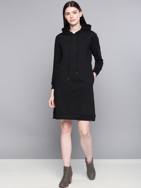 

Chemistry Women Black Solid Hooded Sweatshirt Dress