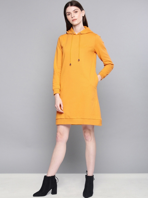 

Chemistry Women Mustard Yellow Solid Hooded Sweatshirt Dress