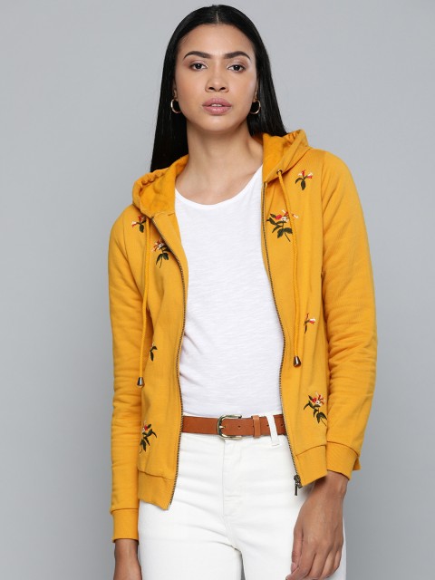 

Chemistry Women Mustard Yellow & Green Embroidered Hooded Sweatshirt