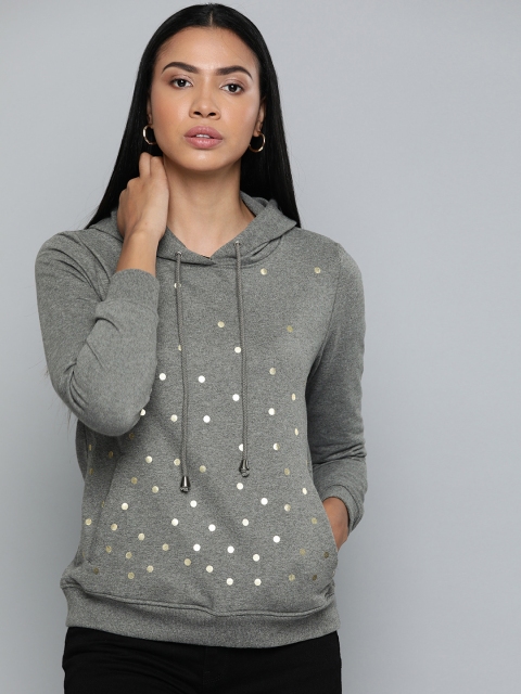 

Chemistry Women Grey & Golden Printed Hooded Sweatshirt
