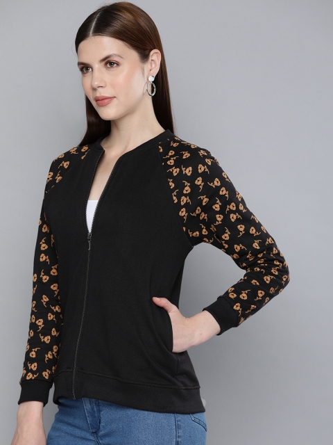 

Chemistry Women Black Solid Sweatshirt With Printed Sleeves