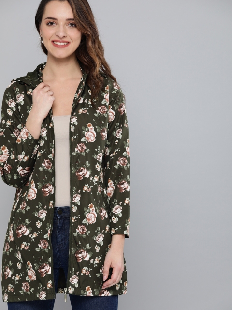 

Mast & Harbour Women Olive Green & Off White Printed Longline Open Front Jacket