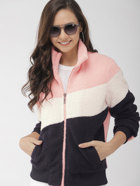 

Mast & Harbour Women Navy Blue & Pink Colourblocked Lightweight Bomber Jacket
