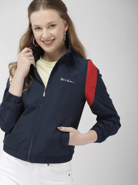 

Mast & Harbour Women Navy Blue Solid Bomber Jacket