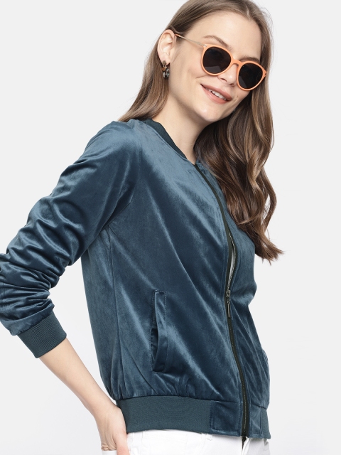 

Mast & Harbour Women Teal Blue Solid Bomber Jacket