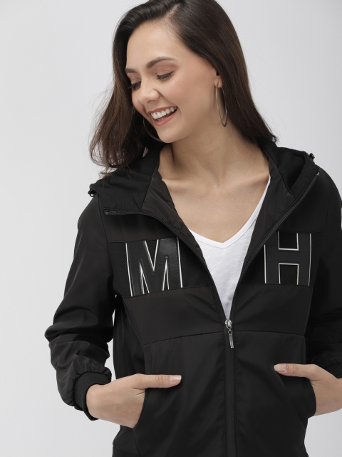 

Mast & Harbour Women Black Solid Lightweight Hooded Bomber Jacket