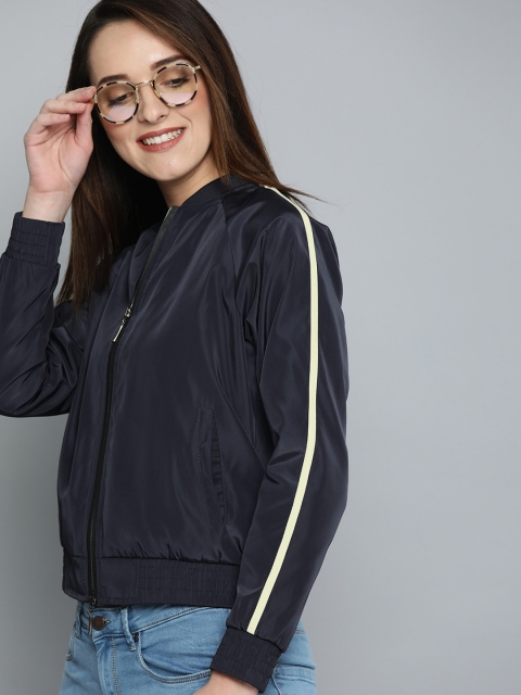 

Mast & Harbour Women Navy Blue Solid Bomber Jacket