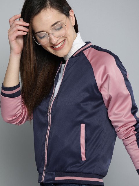 

Mast & Harbour Women Navy Blue Solid Bomber Jacket