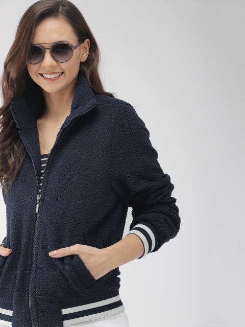 

Mast & Harbour Women Navy Blue Lightweight Solid Bomber Jacket