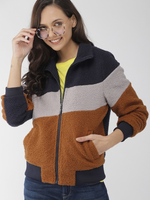 

Mast & Harbour Women Tan Brown & Navy Blue Colourblocked Lightweight Bomber Jacket