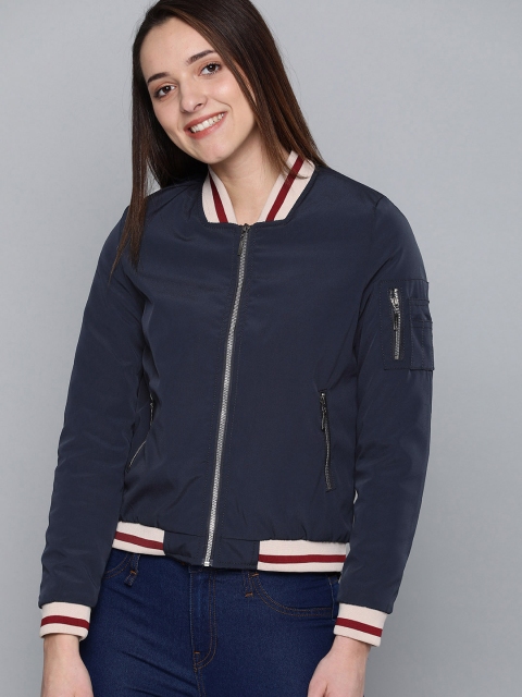 

Mast & Harbour Women Navy Blue Solid Bomber Jacket