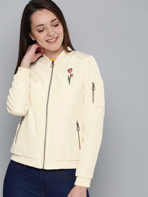 

Mast & Harbour Women Cream-Coloured Solid Bomber Jacket