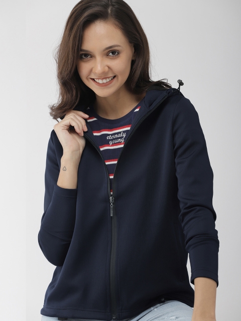 

Mast & Harbour Women Navy Blue Solid Hooded Tailored Jacket