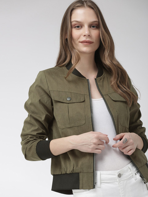 

Mast & Harbour Women Olive Green Solid Bomber Jacket