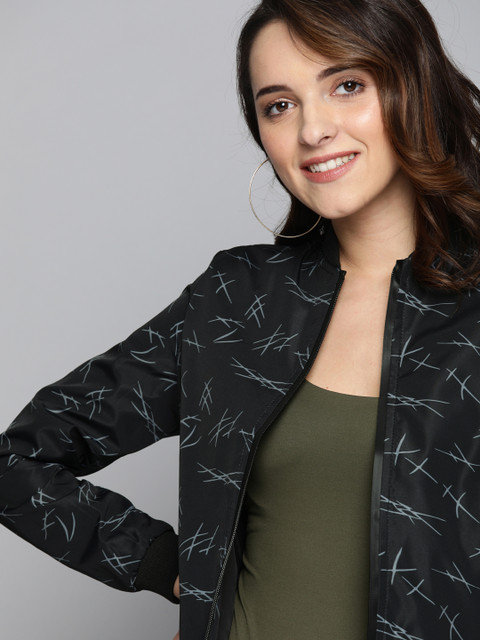 

Mast & Harbour Women Black & Grey Printed Bomber Jacket