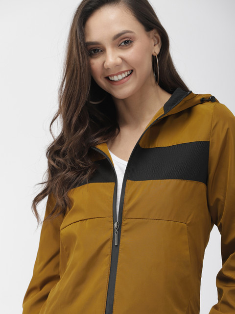 

Mast & Harbour Women Mustard Yellow & Black Solid Lightweight Colourblocked Bomber Jacket