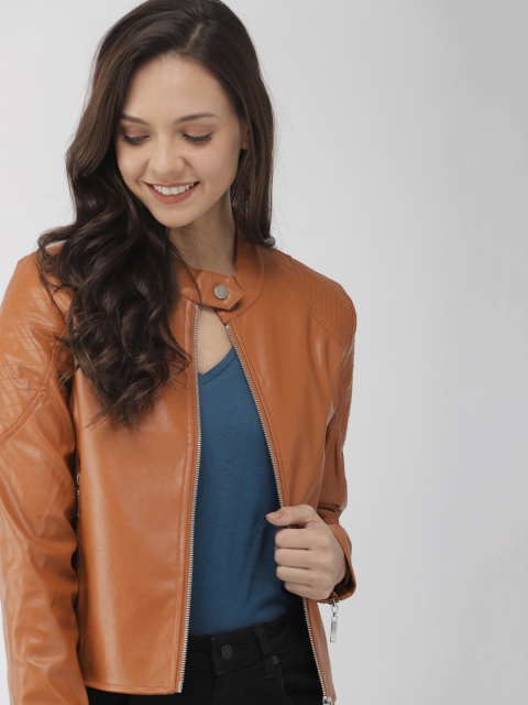 

Mast & Harbour Women Tan Brown Solid Biker Jacket