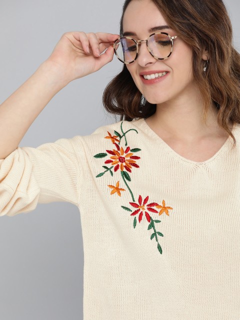 

Mast & Harbour Women Off-White Embroidered Pullover Sweater