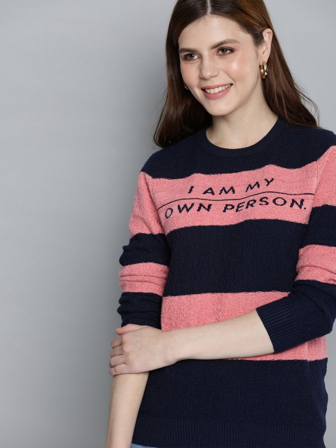 

Mast & Harbour Women Pink & Navy Blue Striped Pullover Sweater