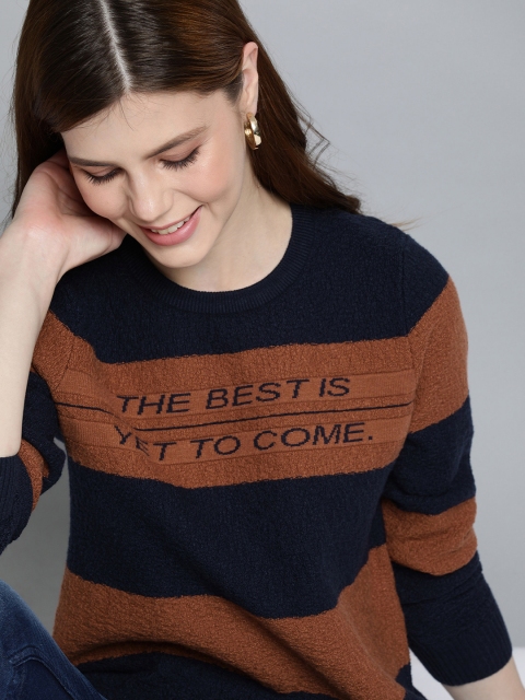 

Mast & Harbour Women Navy Blue & Tan Brown Striped Pullover Sweater