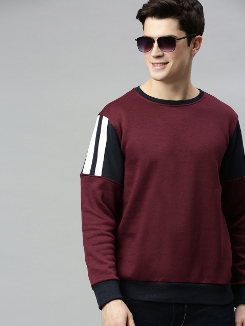 

Mast & Harbour Men Burgundy Solid Sweatshirt with Colourblocked Detail on Sleeve