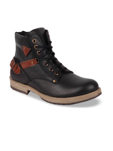 

FAUSTO Men Black Solid Leather High-Top Flat Boots
