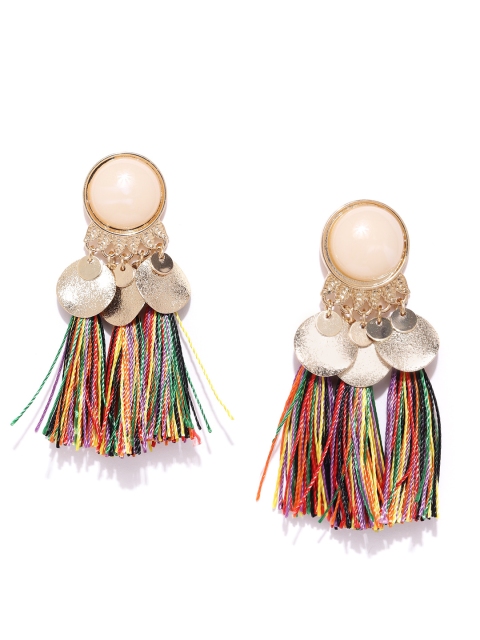 

DressBerry Off-White Gold-Plated Tasselled Stone-Studded Contemporary Drop Earrings