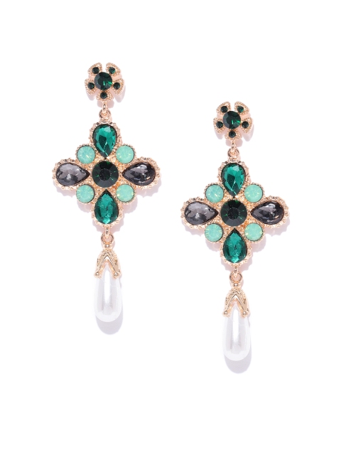 

DressBerry Green & Off-White Stone-Studded & Beaded Contemporary Drop Earrings