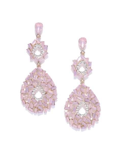 Pink Stone-Studded Teardrop Shaped Drop Earrings