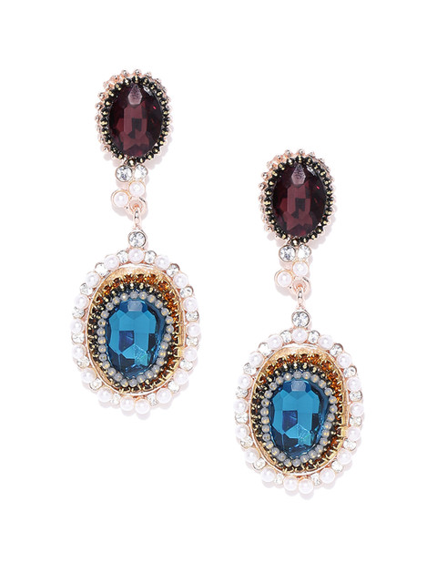 

DressBerry Blue & Burgundy Stone-Studded Oval Drop Earrings