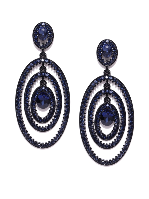 Navy Blue Stone Studded Oval Drop Earrings