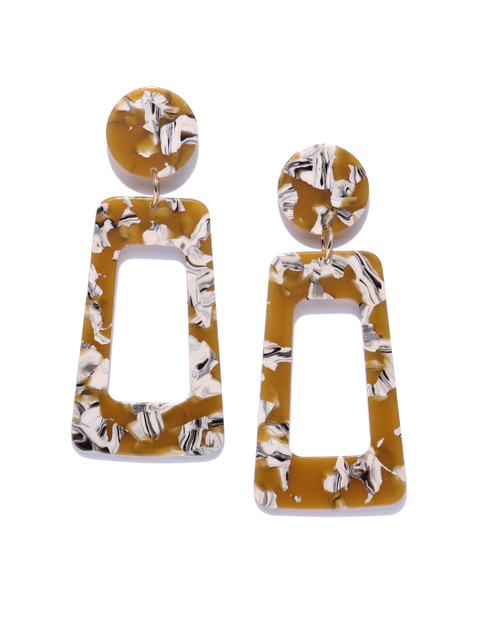 

DressBerry Mustard Brown & Cream-Coloured Printed Geometric Drop Earrings