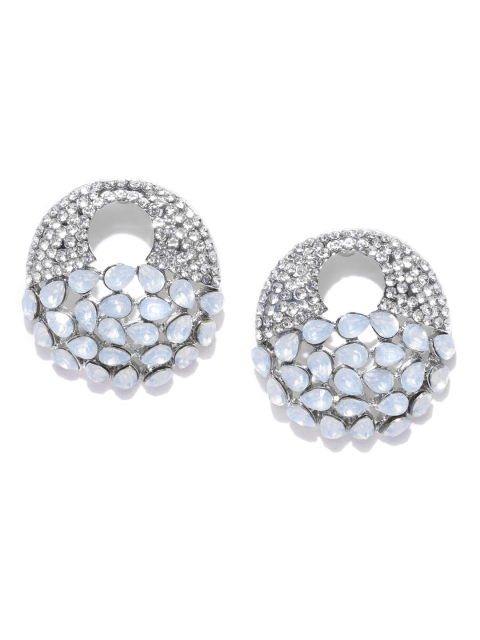 

DressBerry Silver-Toned & Blue Stone-Studded Circular Drop Earrings