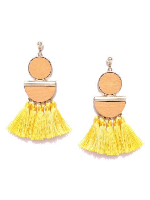

DressBerry Yellow & Gold-Toned Tasselled Geometric Drop Earrings