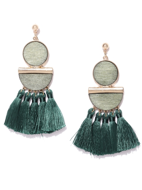 

DressBerry Green & Gold-Toned Tasselled Geometric Drop Earrings