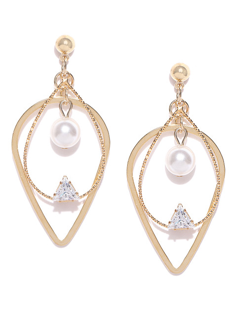 

DressBerry White & Gold-Toned Beaded & Stone Studded Teardrop Earrings