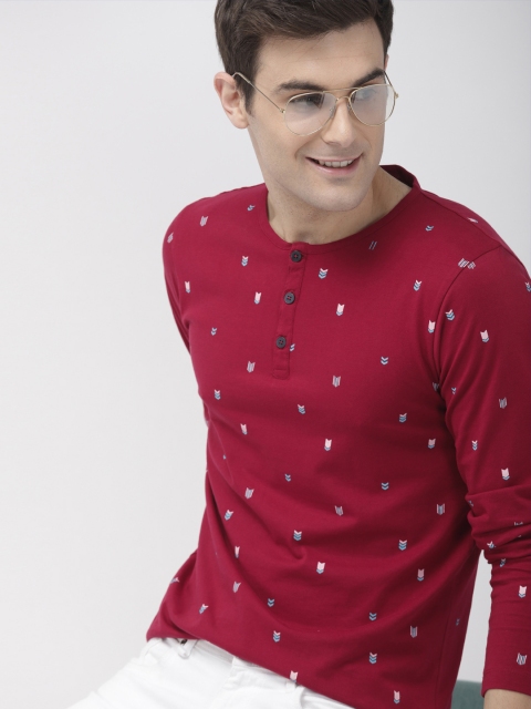 

Mast Harbour Men Red Blue Printed Henley Neck Pure Cotton T-shirt