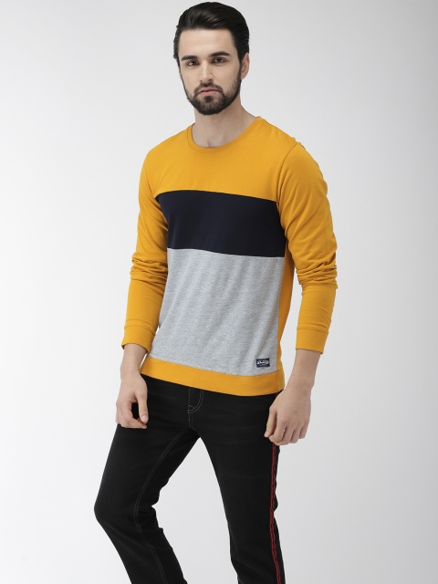 

Flying Machine Men Mustard Yellow & Grey Colourblocked Round Neck T-shirt