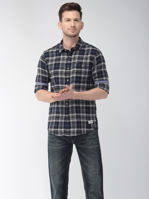 

Flying Machine Men Navy & White Slim Fit Checked Casual Shirt, Navy blue