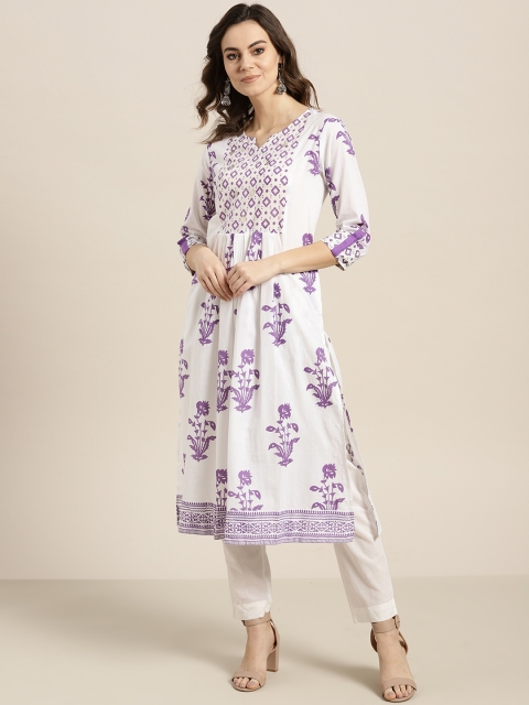 

Sangria Women White & Purple Floral Printed A-Line Kurta