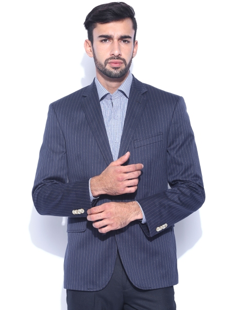 

SUITLTD Navy Pinstriped Regular Fit Single-Breasted Formal Blazer, Navy blue