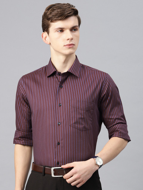 

Van Heusen Men Brown & Purple Slim Fit Striped Smart Casual Shirt