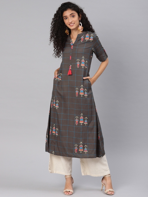 

Blissta Women Charcoal Grey & Blue Printed A-Line Kurta