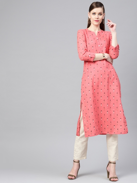 Varanga Women Coral Pink & Black Printed Straight Kurta