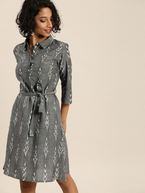 

Taavi Women Grey & White Ikat Woven Design A-Line Dress with Shirt Collar
