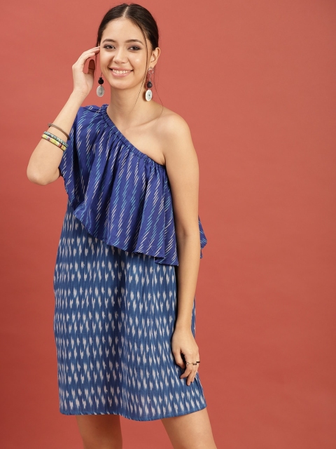 

Taavi Women Blue Ikat Woven Design A-Line Sustainable Dress with Layered One-Shoulder Neck