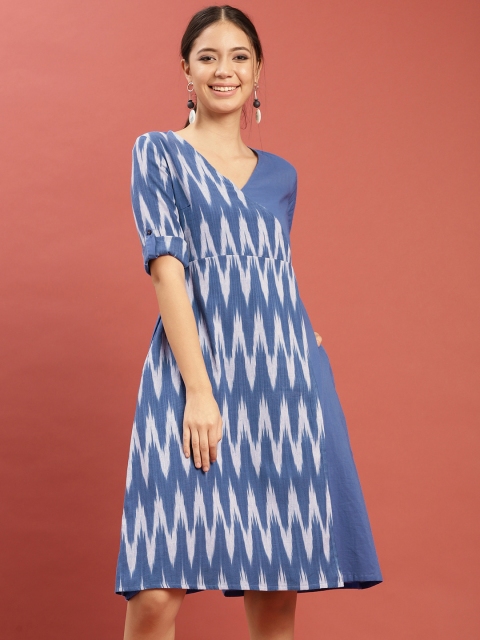 

Taavi Women Blue Ikat Woven Design Layered Contrast A-Line Dress with Roll-Up Sleeves