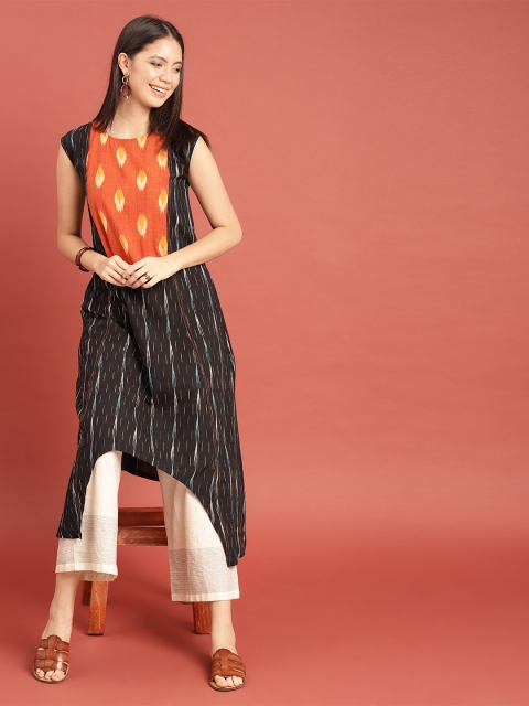 

Taavi Women Black & Rust Orange Ikat Woven Design ALine Panelled Sustainable Kurta with Asymmetric Hem