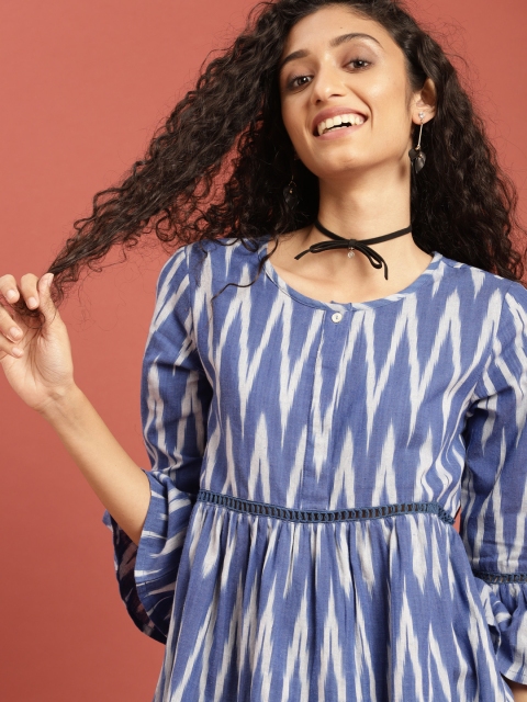 

Taavi Women Blue & White Ikat Woven Design Tunic With Pleats & Bell Sleeves