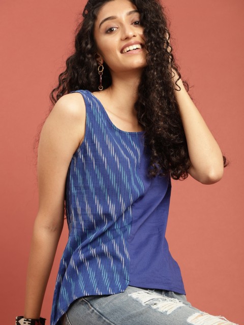 

Taavi Women Blue & White Pure Cotton Woven Design Ikat Top with Asymmetic Hem